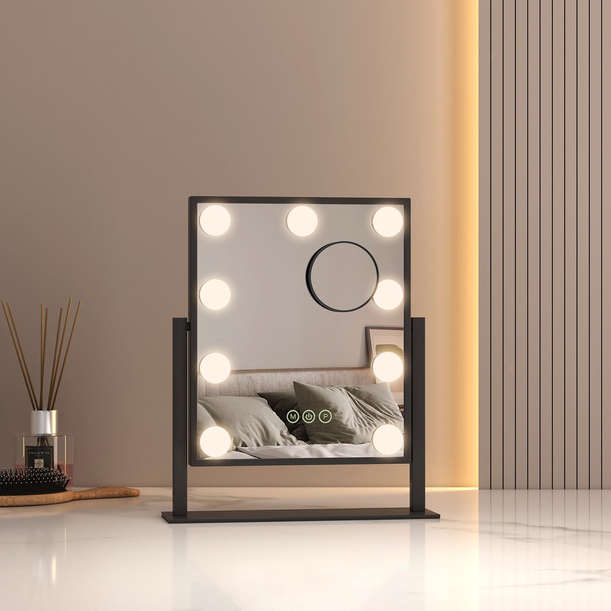 EMKE Make Up Spiegel met Verlichting - 360° Draaibaar - 3 Lichtstanden - Touch & Dimbaar - 7x Vergroting - Verticaal - Zwart - 36x30.5cm