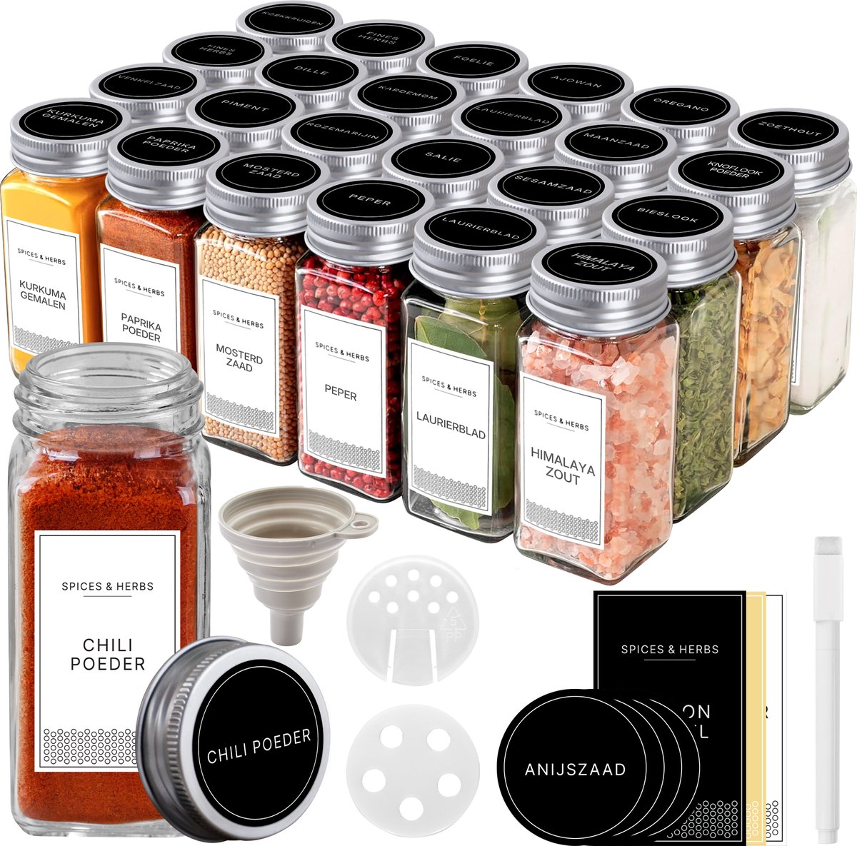 S.old 24 Glazen Kruidenpotjes Vierkant met Deksel en Stickers - Kruidenstrooier - Spice Jars - Complete set met 2 Soorten Strooideksels, Voorbedrukte Stickers en Trechter - 120 mL