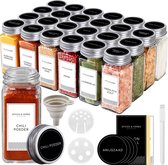 24 Pots d'herbes aromatiques en Verres Carrés avec Couvercle - Épices à épices - Ensemble Complet avec Couvercles à Saupoudrer, Autocollants Pré-Imprimés et Entonnoir - Capacité 120 ml - 10,2 x 4 cm