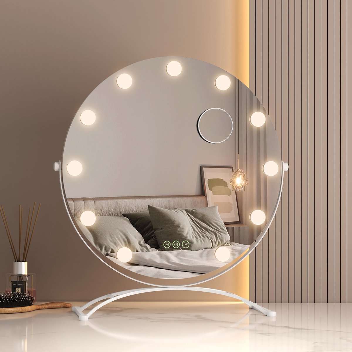 EMKE Make Up Spiegel met Verlichting - 360° Draaibaar - 3 Lichtstanden - Touch & Dimbaar - 7x Vergroting - Rond - Wit - 50cm
