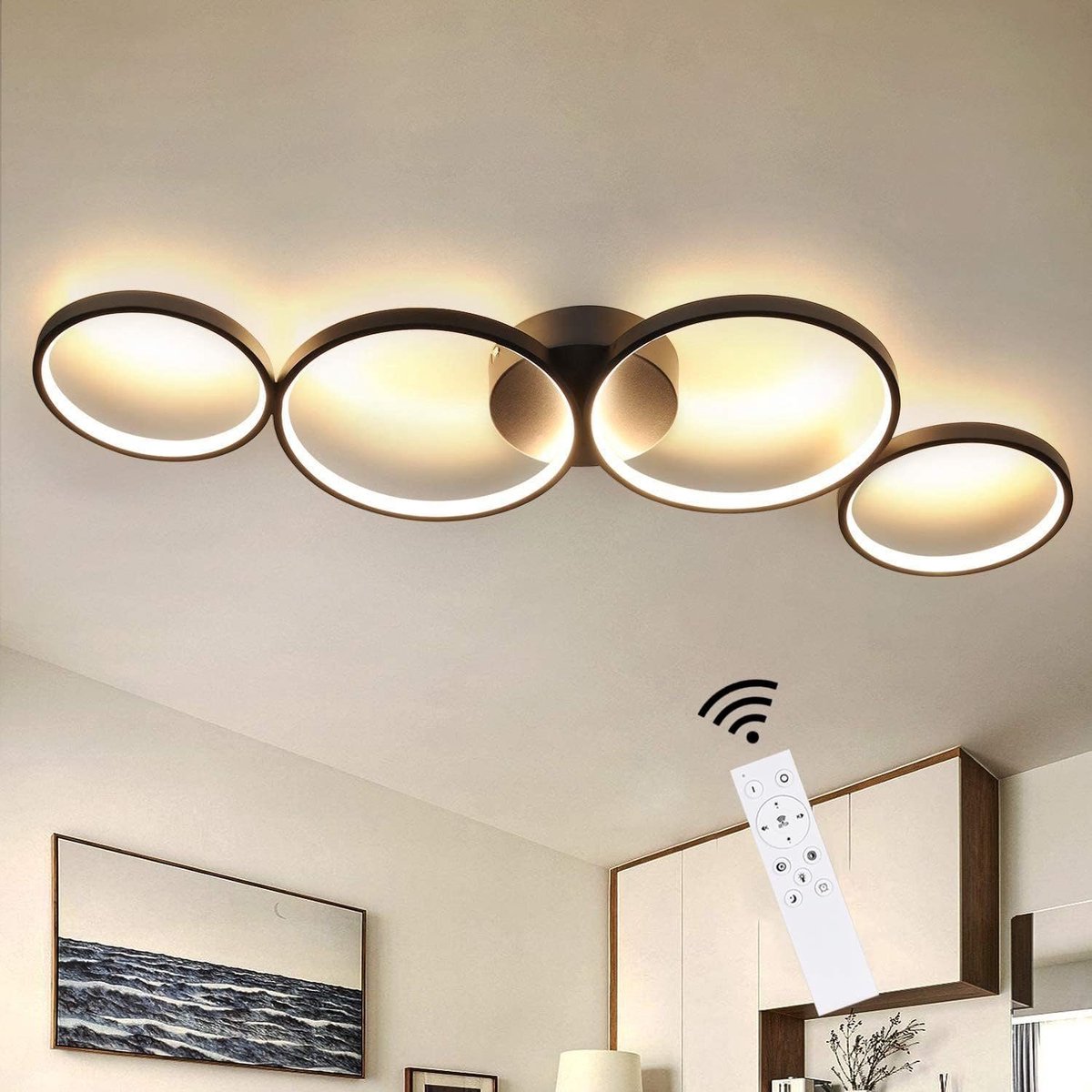 NETTLIFE Plafondlamp LED - 88cm - Zwart - 3000-6000K Dimbaar - 55W Plafondverlichting - modern - Ring Design - 4-Lichts - met Afstandsbediening - voor Slaapkamer | Woonkamer | Kantoor | Keuken