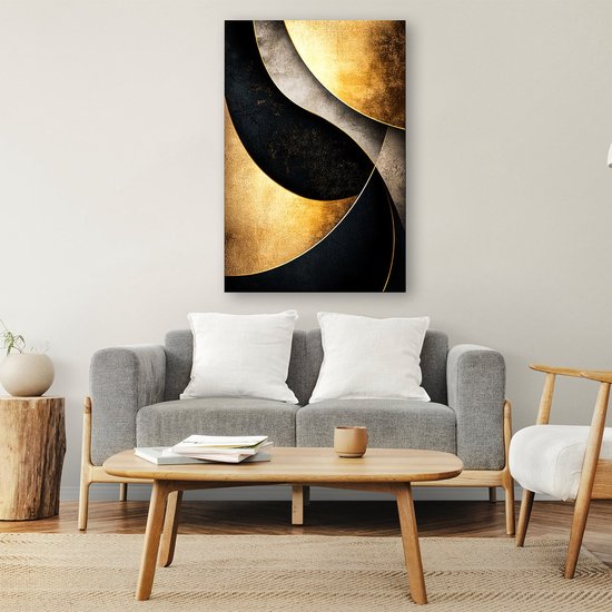 Gouden en zwarte abstracte vormen - Goud glasschilderij - Muurkunst vormen - Abstracte kunst - Schilderij op acrylglas - Slaapkamer decoratie - Glasschilderij 100x150 cm