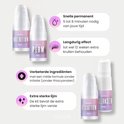 Producten uit de Merve lash lift kit: 'Nutrition', 'Perm', 'Fixation' en 'Cleanser'. Met uitleg over snelle permanent, langdurig effect en verbeterde ingrediënten.