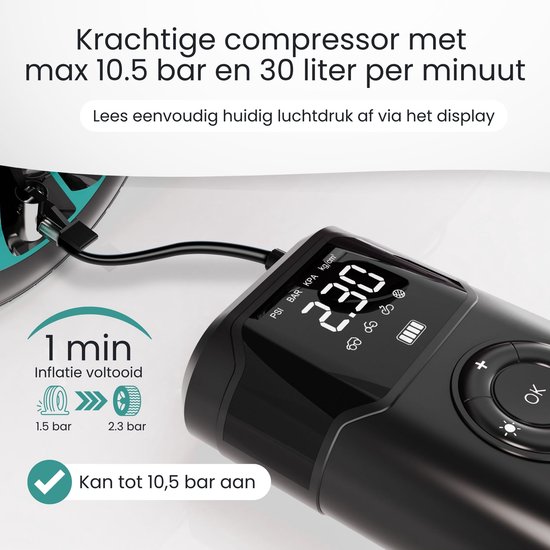 Tire Inflator, Compact Air Compressor, Cordless Smart Pump, Digital Gauge Screen Compact voor Voertuigonderhoud, Camping, Huis, Reizen, Garage, Fiets, RV, Truck, Motorcycle