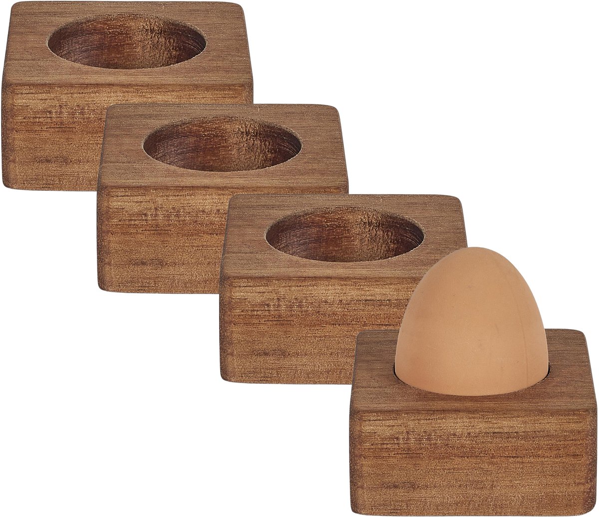 Home deco factory eierdop - 8x - acacia hout - donkerbruin - vierkant - 6,5 x 6,5 cm