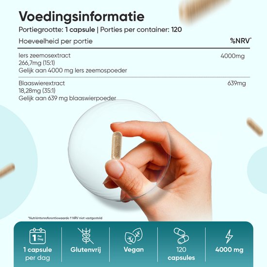 Hand die een WeightWorld Iers Zeemos capsule vasthoudt, met voedingsinformatie, 4000 mg, glutenvrij, vegan, 120 capsules, 1 capsule per dag.