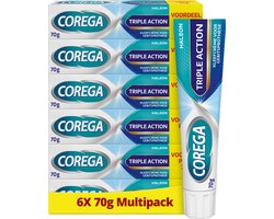 Corega Triple Action - Kleefcrème – Kunstgebit - Sterke Fixatie - Bescherming Tegen Voedseldeeltjes - Comfort & Milde Muntsmaak - 6 x 70 g