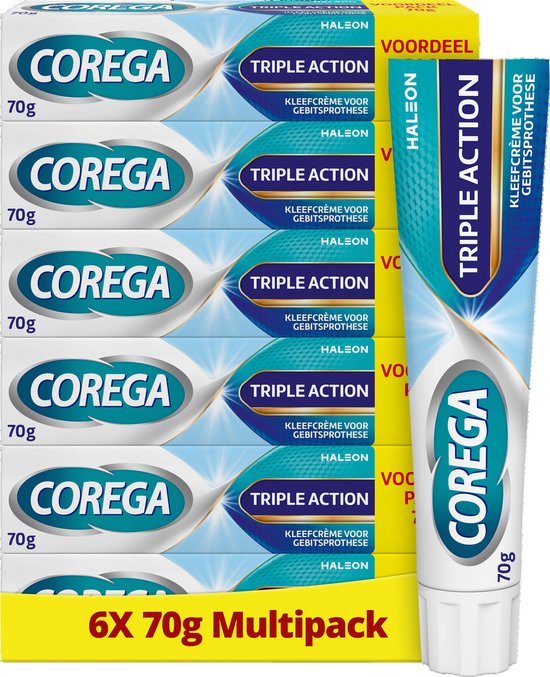 Voordeelverpakking van 6 x 70g Corega Triple Action kleefcrème voor gebitsprotheses.