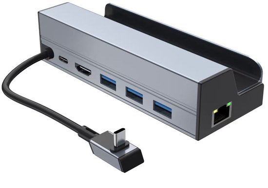 Zilveren 6-in-1 docking station met zwarte kabel en USB-C connector. Heeft HDMI-, USB-A- en RJ45-poorten.