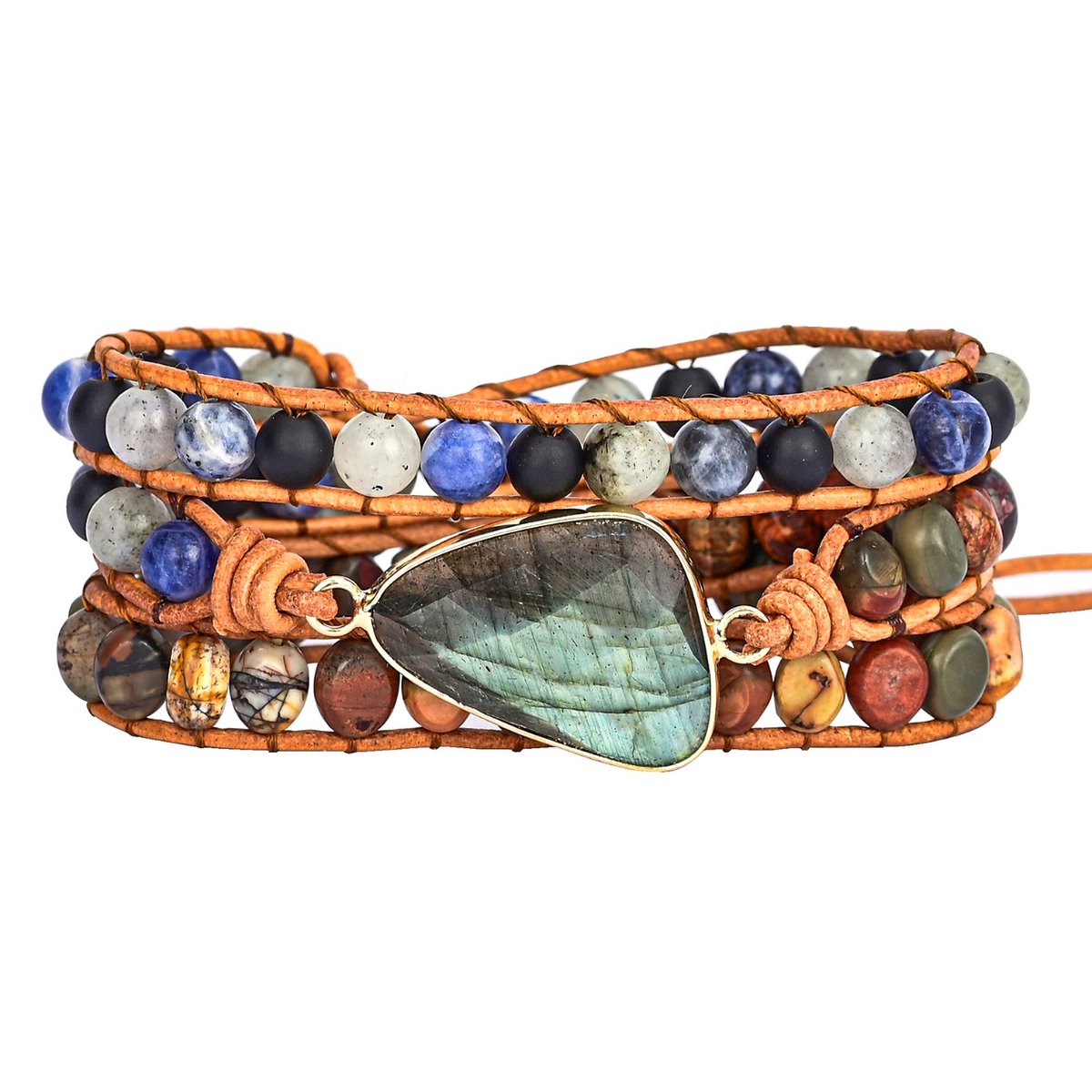 Marama - Wikkelarmband Pacific - lichtbruin leer - edelsteen labradoriet, agaat, jaspis - 50 cm - 3x om de pols - verstelbaar - damesarmband - geschenkverpakking