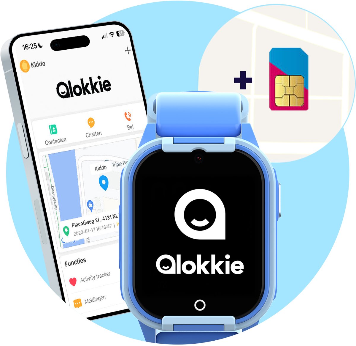Qlokkie Kiddo Lite - GPS horloge kind - Smartwatch kinderen - GPS tracker kind met nauwkeurige locatiebepaling - GPS horloge kind met simkaart - Stel veilige zones in - SOS functie - Blauw