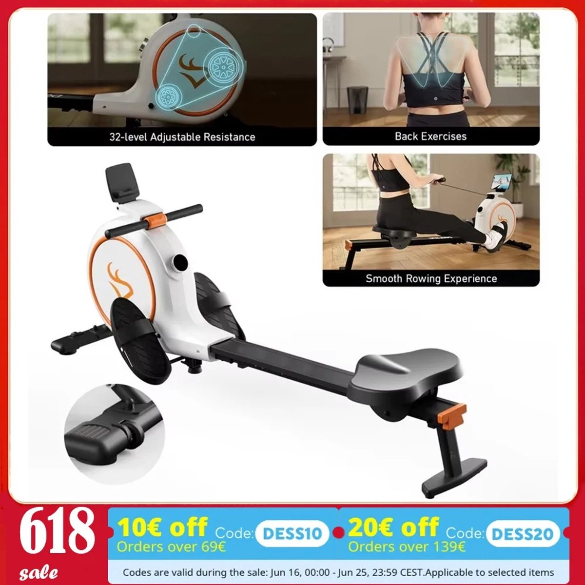 Afbeelding 2 van BellissiBo® Hometrainers - Roeimachine - met Bluetooth, 32 weerstandsniveaus, LED-display – Full-body training thuis