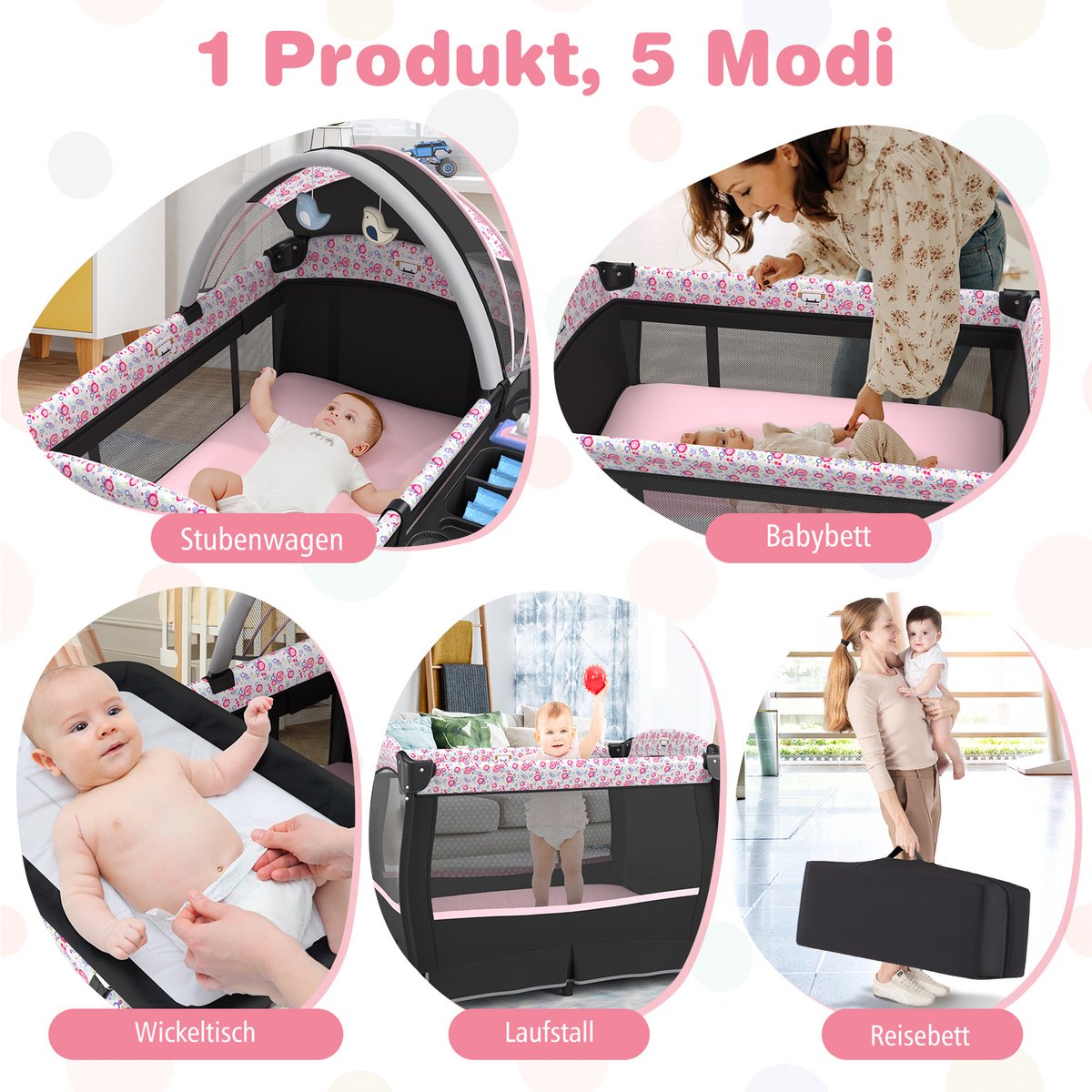 COSTWAY 5-in-1 reisbed met matras, bijzetbed inklapbaar met verstelbare luifel, babybed met aankleedkussen, muziekdoos en draagtas, kinderreisbed tot 15 kg belastbaar (roze bloemen) thumbnail 4
