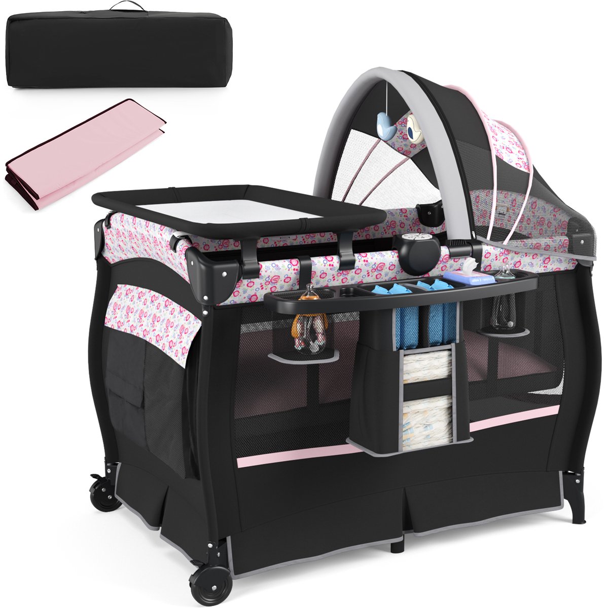 COSTWAY 5-in-1 reisbed met matras, bijzetbed inklapbaar met verstelbare luifel, babybed met aankleedkussen, muziekdoos en draagtas, kinderreisbed tot 15 kg belastbaar (roze bloemen)