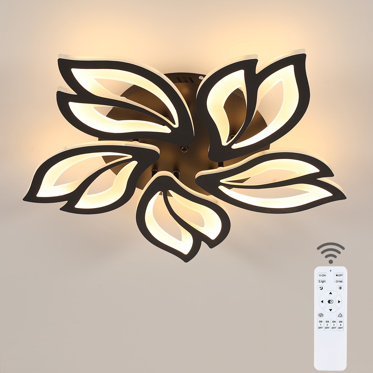Dimbare LED-plafondlamp met afstandsbediening, 45W LED-plafondlamp met creatief bloemblaadjesontwerp, 3000K-6500K, zwarte hanglamp voor woonkamer en eetkamer