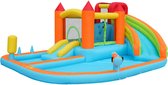 Multifunctioneel buiten opblaaskasteel met blower waterglijbaan + trampoline + basketbalring + waterpistolen 2 waterzones 1 grote en 1 kleine glijbaan droog en nat gebruik 460x343x190 cm blauw
