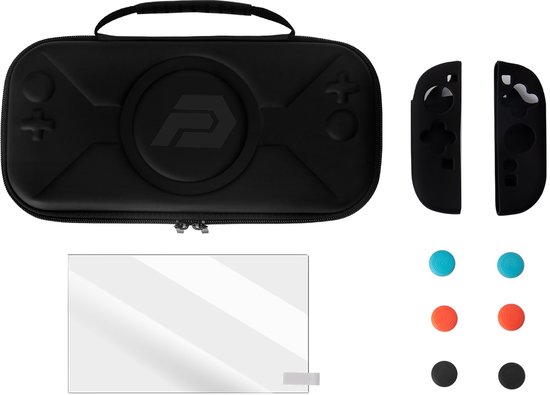 Zwarte Nintendo Switch hoes met controllers, screenprotector en thumb grips.