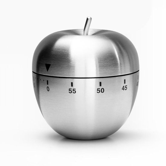Een zilverkleurige, metalen kookwekker in de vorm van een appel met een wijzerplaat.