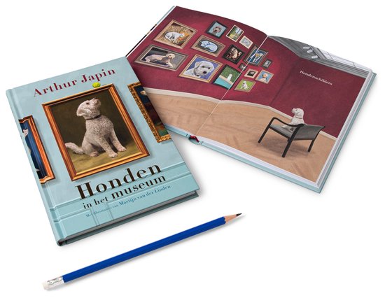 Boek met titel "Honden in het museum", met een schilderij van een hond op de voorkant en een open pagina met hondenschilderijen.