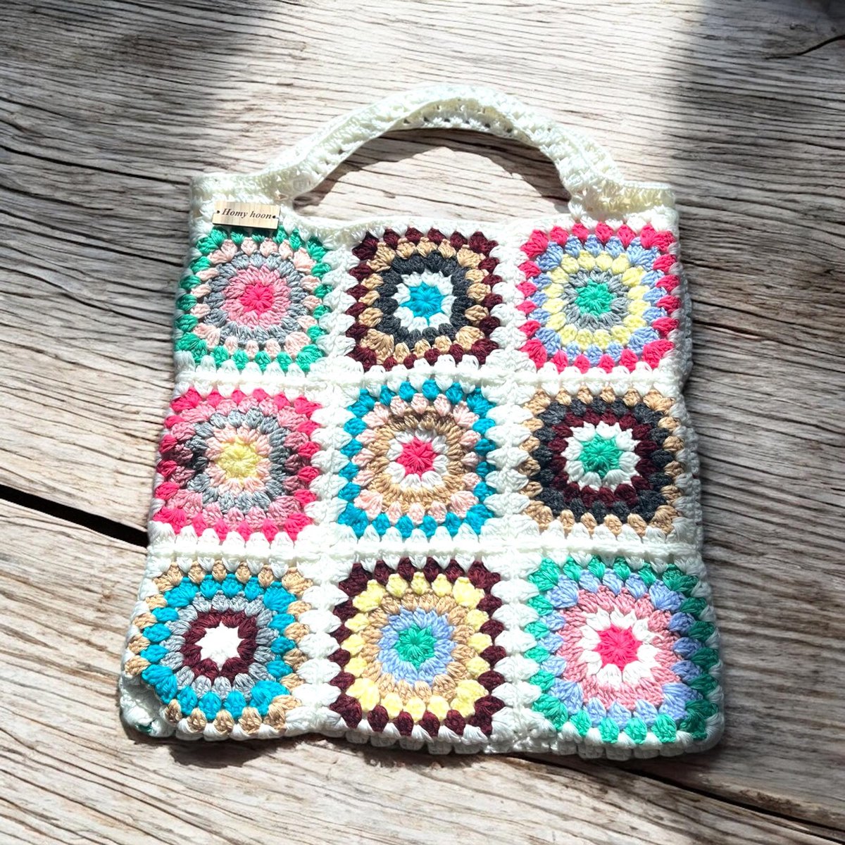 HomyHoon-handmade-draagtas-crochet-vierkant oma tas-summer-back to school- werk