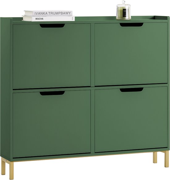SoBuy FSR100-SY Smalle Schoenenkast met 4 Kleppen – Ruimtebesparend Schoenenrek voor Hal & Gang – Donkergroen 100x91x19cm