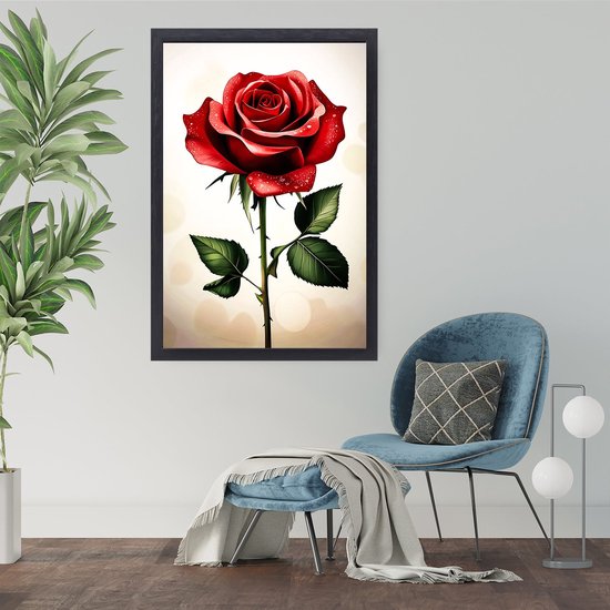 Dieprode roos met dauwdruppels - Roos canvas schilderijen - Schilderijen bloem - Realistische kunst - Schilderij in baklijst - Schilderijen - Canvas met baklijst 50x70 cm