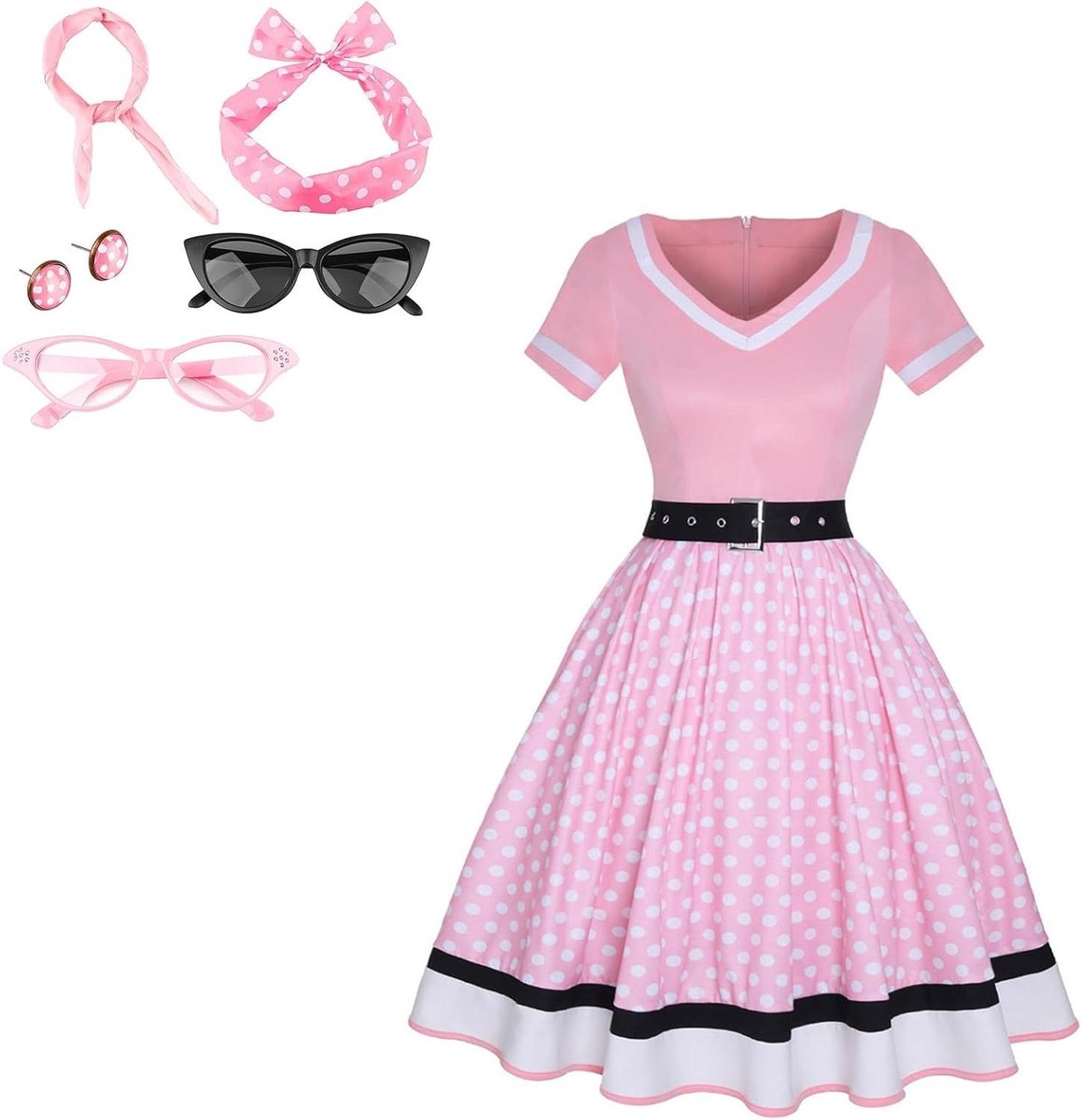 Dames Vintage Jaren 50 Kostuum met Polka Dots en Accessoires - Sjaal Hoofdbanden Oorbellen Bril