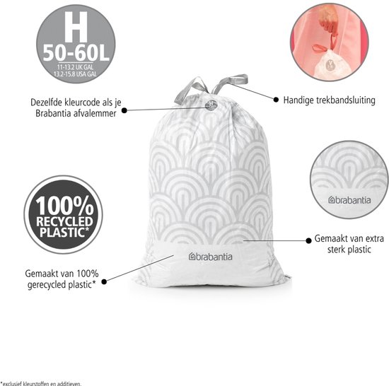 Brabantia PerfectFit sac poubelle avec fermeture code H, 50-60 litres, 6 rouleaux x 20 pcs - White