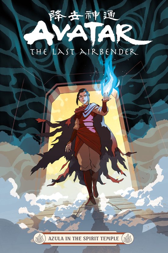 Azula, in een rood pak met donkere cape, staat in een tempel en straalt blauw vuur uit haar hand.