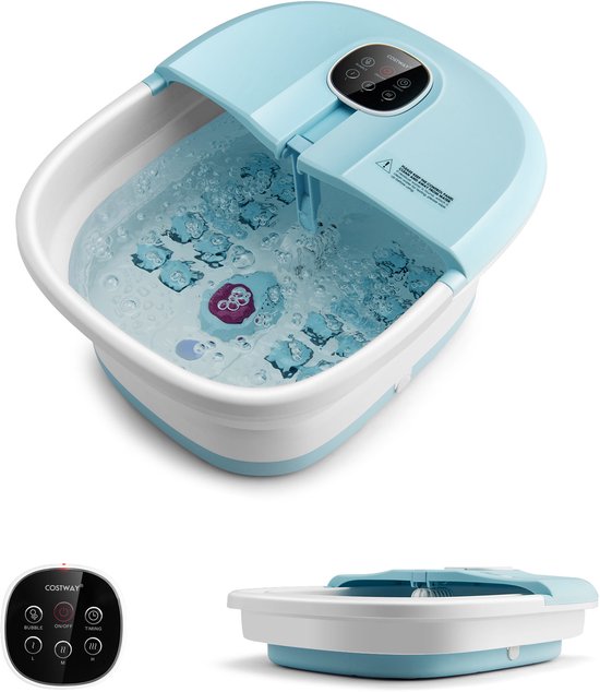 COSTWAY Inklapbaar Voetbad Massage met Warmte, Voetspa met Afstandsbediening, Vibratiebubbels, Rollen Massage, Medicijndoos, Puimsteen en 3 Regelbare Temperatuur