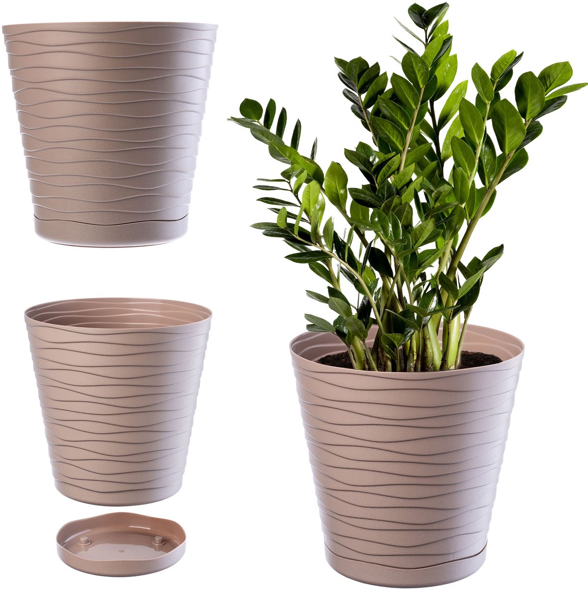 Kadax bloempot met onderzetter, voor binnen, lichte bloempot van hoogwaardig kunststof, ronde bloempot voor bloemen, planten, huis