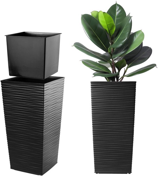 KADAX Pot de fleurs, jardinière en plastique, jardinière pour fleurs, intérieur et extérieur, jardin, balcon, terrasse, maison, résistant aux intempéries, imitation rotin (68 cm de haut, noir)