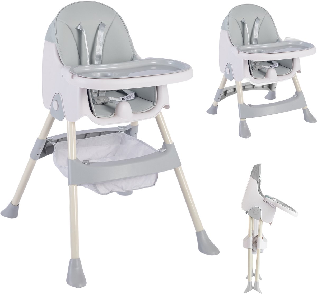 OFMOTRA Kinderstoel 3 in 1 - Inklapbare Eetstoel - Kinderzetel - met opbergmand - Verstelbaar Baby Stoel - Peuterstoel - 5-punts Gordel - Uitneembaar lederen kussen - Meegroei Stoel - Grijs