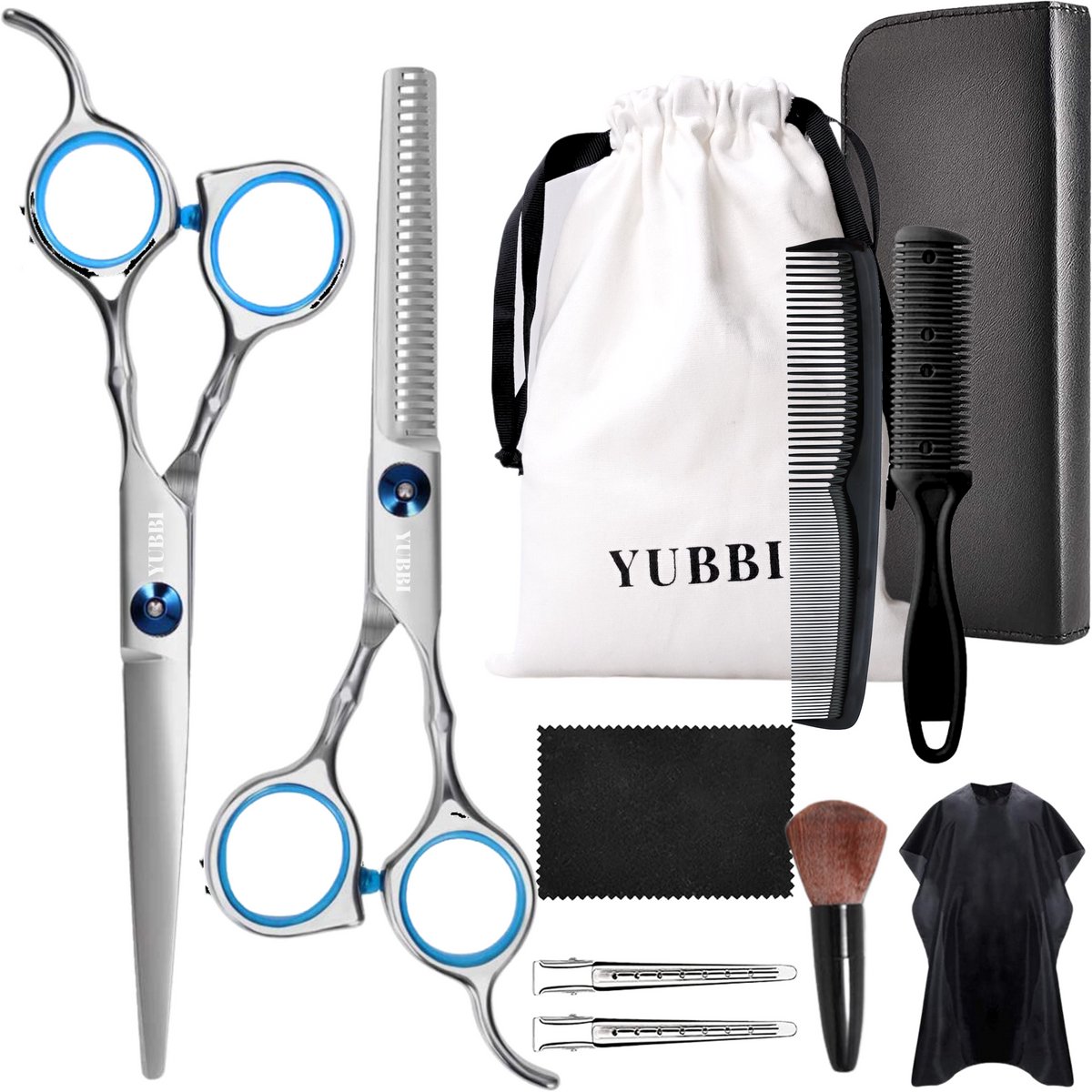 YUBBI Professionele Kappersschaar Set - 11 delig - Knipschaar - Coupeschaar - Uitdunschaar - Snijkam - Zilver