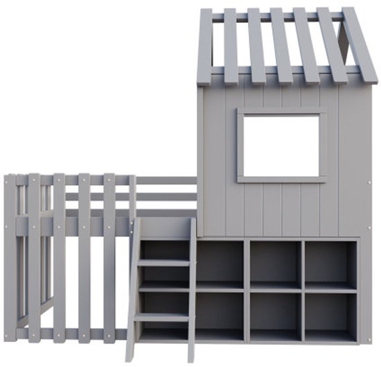 Lit cabane pour enfant 90x200, avec toit et fenêtre, avec espace de rangement ouvert, avec échelle d'escalade, lit superposé pour enfant en bois massif sans matelas, gris