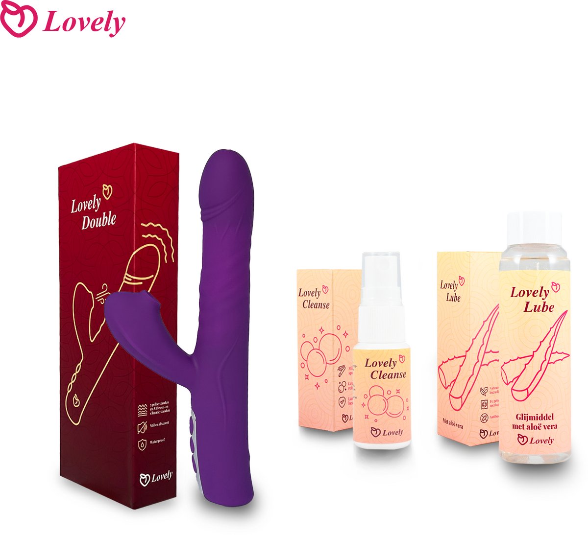 Lovely Double, Cleaner, Lube - 2-1 G-Spot Vibrator Clitoris Stimulatie-Sucking-Vrouwen-Spray-Seksspeeltjes-Glijmiddel-Aloe Vera-Huidvriendelijk