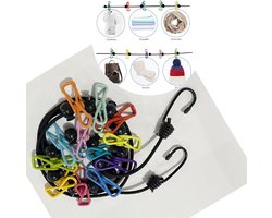 Draagbare kampeer waslijn - Met 12 wasknijpers - Elastische waslijn - Winddichte hanger voor buiten kamperen - Kampeerwaslijn - kampeeraccessoires - Zwart