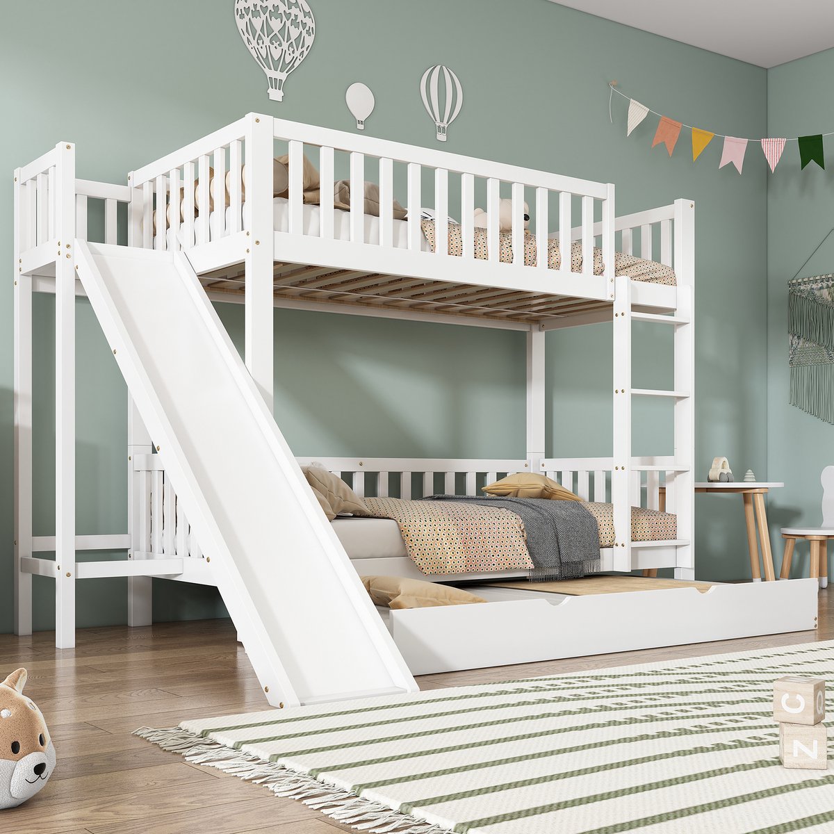 Merax Stapelbed met opklapbed - met valstopframe - glijbaan en legplanken - met vier rechte treden - wit - 90x200/190 cm