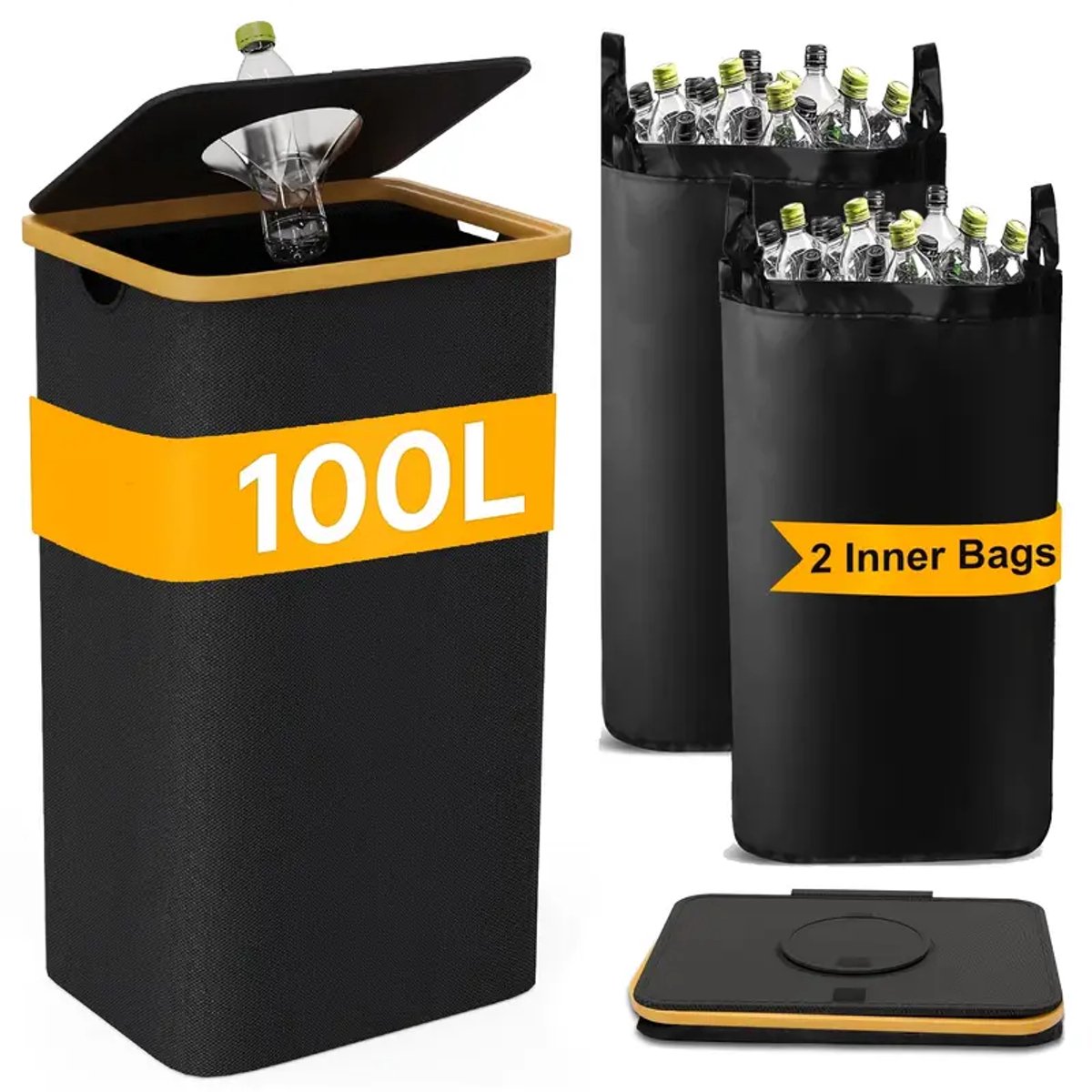 Grote 100 liter Flessenverzamelaar voor selectieve sortering Afvalbak Afvalscheiding met deksel en 2 handzakken - Recycling voor glas, papier en kunststof - Zwart Prullenbakken
