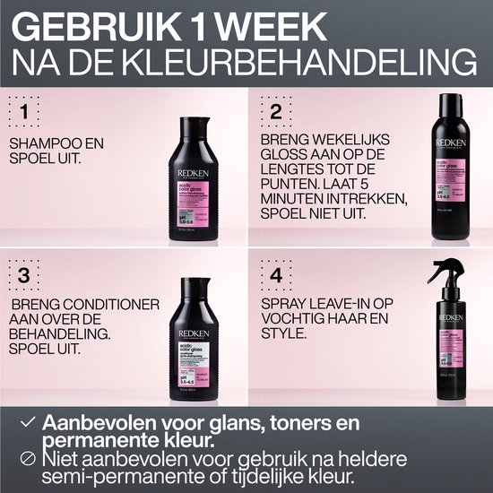 Guide étape par étape pour utiliser les produits Redken Acidic Color Gloss. Montre le shampoing, le gloss et le spray sans rinçage. Recommandé pour la brillance et la couleur permanente.