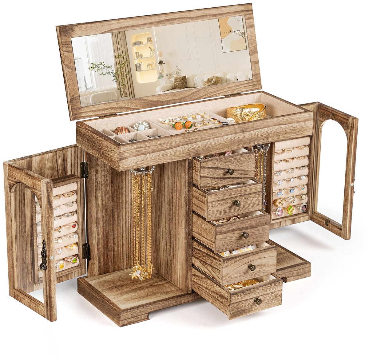 Groot sieradendoosje voor dames - houten juwelendoos - 1 stuk - 36 x 25 x 25 cm