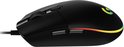 Zijkant van een zwarte Logitech G gamingmuis met RGB-verlichting en twee programmeerbare knoppen.