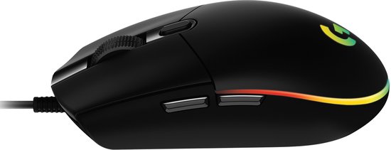 Zijkant van een zwarte Logitech G gamingmuis met RGB-verlichting en twee programmeerbare knoppen.