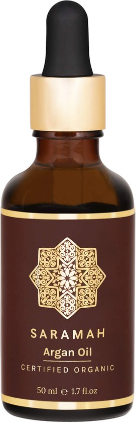 Bruine glazen fles SARAMAH Arganolie 50 ml met gouden decoratie en zwarte druppelaar.