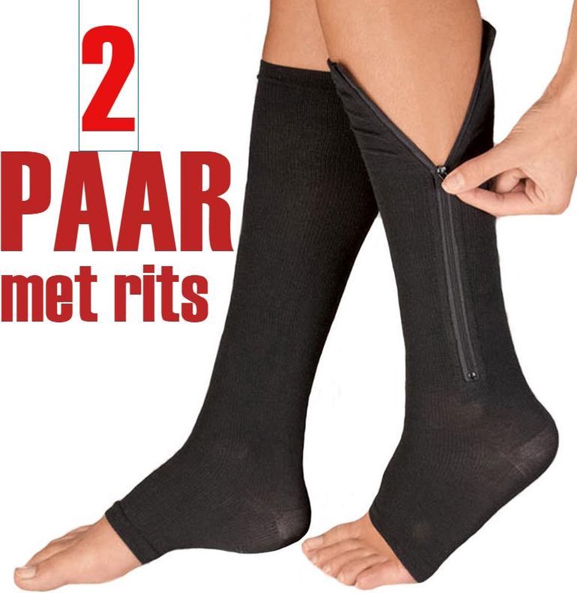 2 PAAR Compressiekousen met RITS | Steunkousen | Vliegtuigsokken voor op reis of vakantie | Compressie sokken ritssluiting | Reiskousen | bloedcirculatie|Etalagebenen | Huidskleur | M | 2 Paar / ZWART