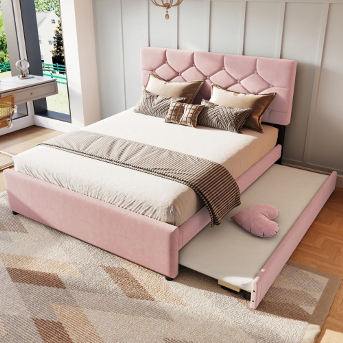 Opdekbed, 140x200 cm, bed met lattenbodem (zonder matras), bed met rolcontainer, fluweel, minimalistisch, roze