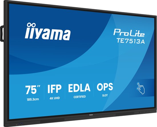 iiyama TE7513A-B1AG beeldkrant Interactief flatscreen 190,5 cm (75") Wifi 500 cd/m² 4K Ultra HD Zwart Touchscreen Type processor Android 18/7