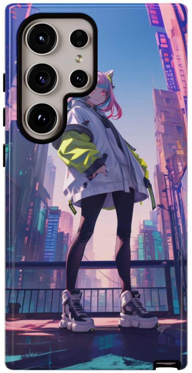 Meisje met Roze Haar in Neonstad – Telefoonhoesje Geschikt voor Samsung Galaxy S24 Ultra