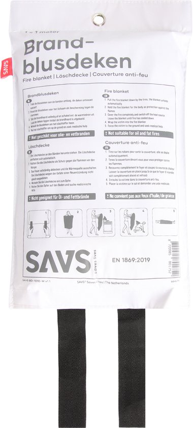 SAVS® Blusdeken - 100 x 100 cm - Wit - Branddeken voor o.a. thuis & keuken - Handig ophangoog