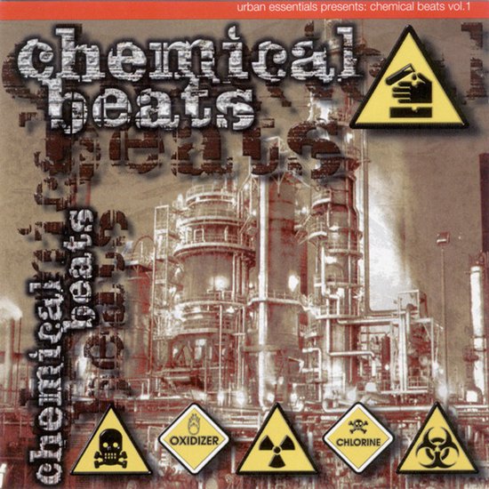 Albumcover voor "chemical beats vol. 1". Grote industriële fabriek met "chemical beats" tekst overlay.